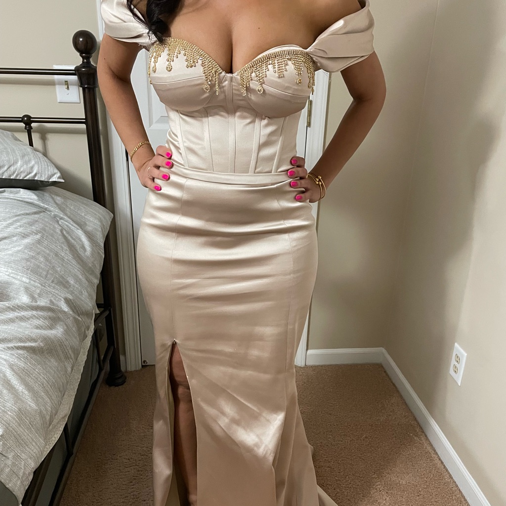 Stunning Custom Woman’s Evening Corset Style Gown, Champagne, Us 6